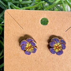 Hand Painted Pansy Flower Wood Stud Earrings